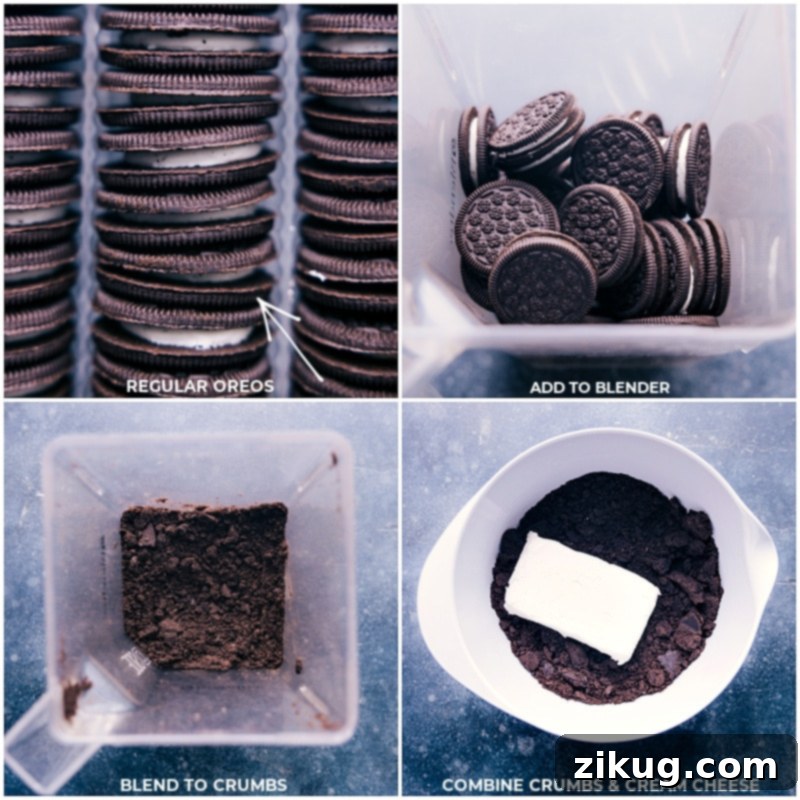 Process shots showing whole Oreo cookies being crushed in a food processor, followed by cream cheese being added to the fine crumbs.