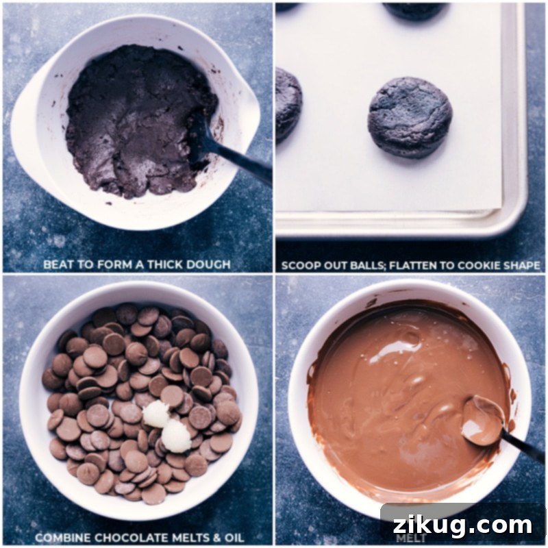 Process shots of Oreo Truffles: showing the dough being rolled into cookie shapes and chocolate chips (melting wafers recommended) being melted in a bowl.