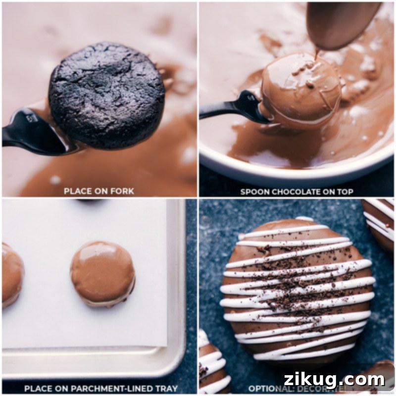 Process shots of Oreo Truffles, showing a cookie being dipped in chocolate and then white chocolate being drizzled over the finished truffle.