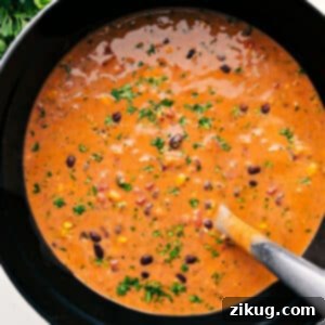 Easy Chicken Tortilla Soup in a bowl with a spoon.