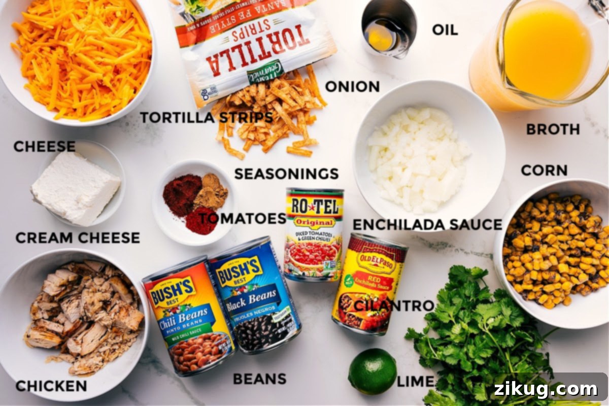 Essential Ingredients for Authentic Chicken Tortilla Soup A colorful array of fresh ingredients for Chicken Tortilla Soup, including diced cheese, golden tortilla strips, softened cream cheese, cooked shredded chicken, canned beans, fire-roasted tomatoes, fresh cilantro, chopped onion, zesty lime, rich enchilada sauce, sweet corn, savory broth, olive oil, and various spices, all prepped and ready for assembly.