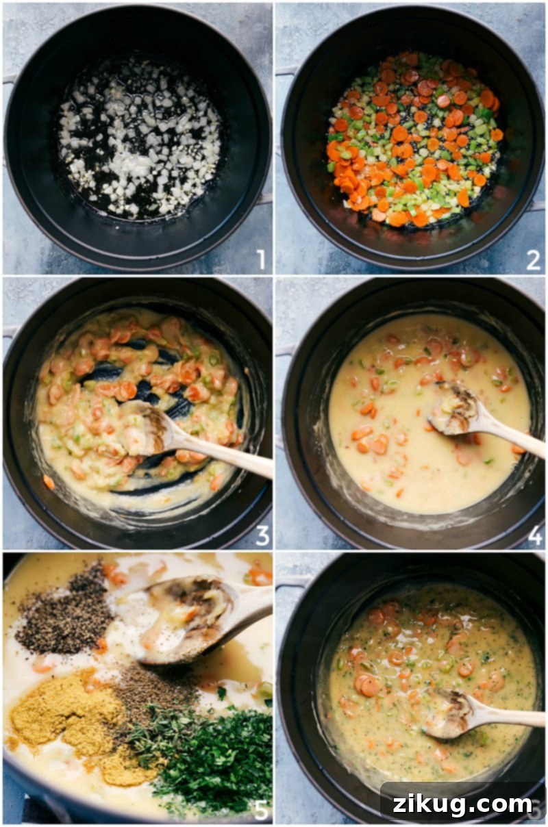 Step-by-step process of making chicken pot pie filling: sautéing fresh vegetables, preparing a creamy roux-based sauce, and combining all the hearty ingredients into a flavorful mixture.