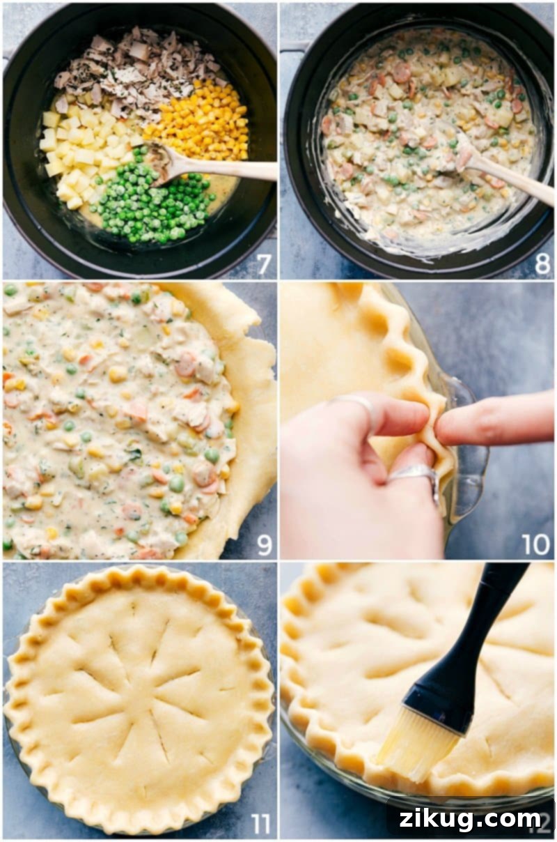 Assembling a chicken pot pie: the creamy filling is carefully scooped into a prepped pie crust, which is then sealed with a second crust and brushed with an egg wash, ready for baking to golden perfection.