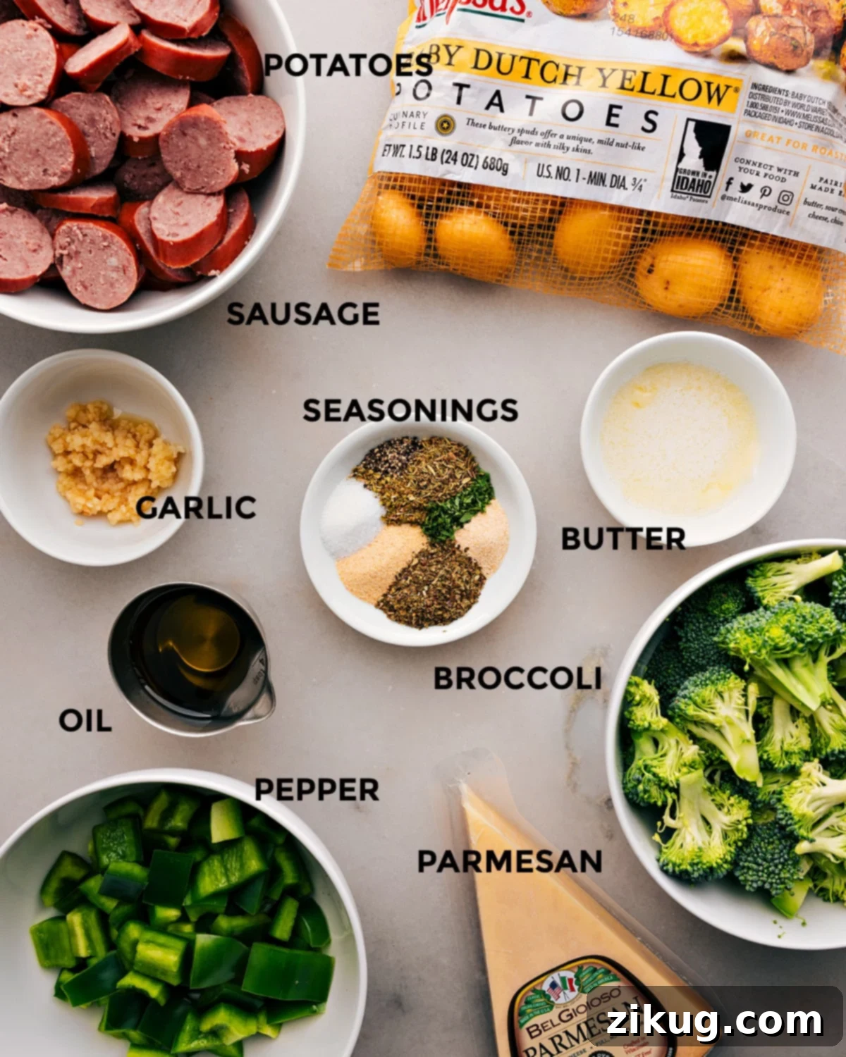 Ingredients In Sausage Potato Broccoli Sheet Pan All the ingredients in this recipe prepped for easy assembly.