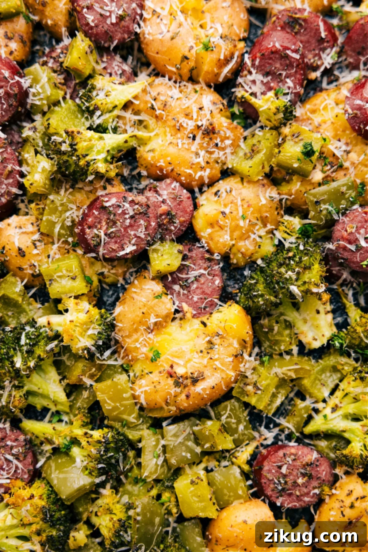 Quick And Easy Sausage Potato Broccoli Sheet Pan Sausage Potato Broccoli Sheet Pan ready to be served.
