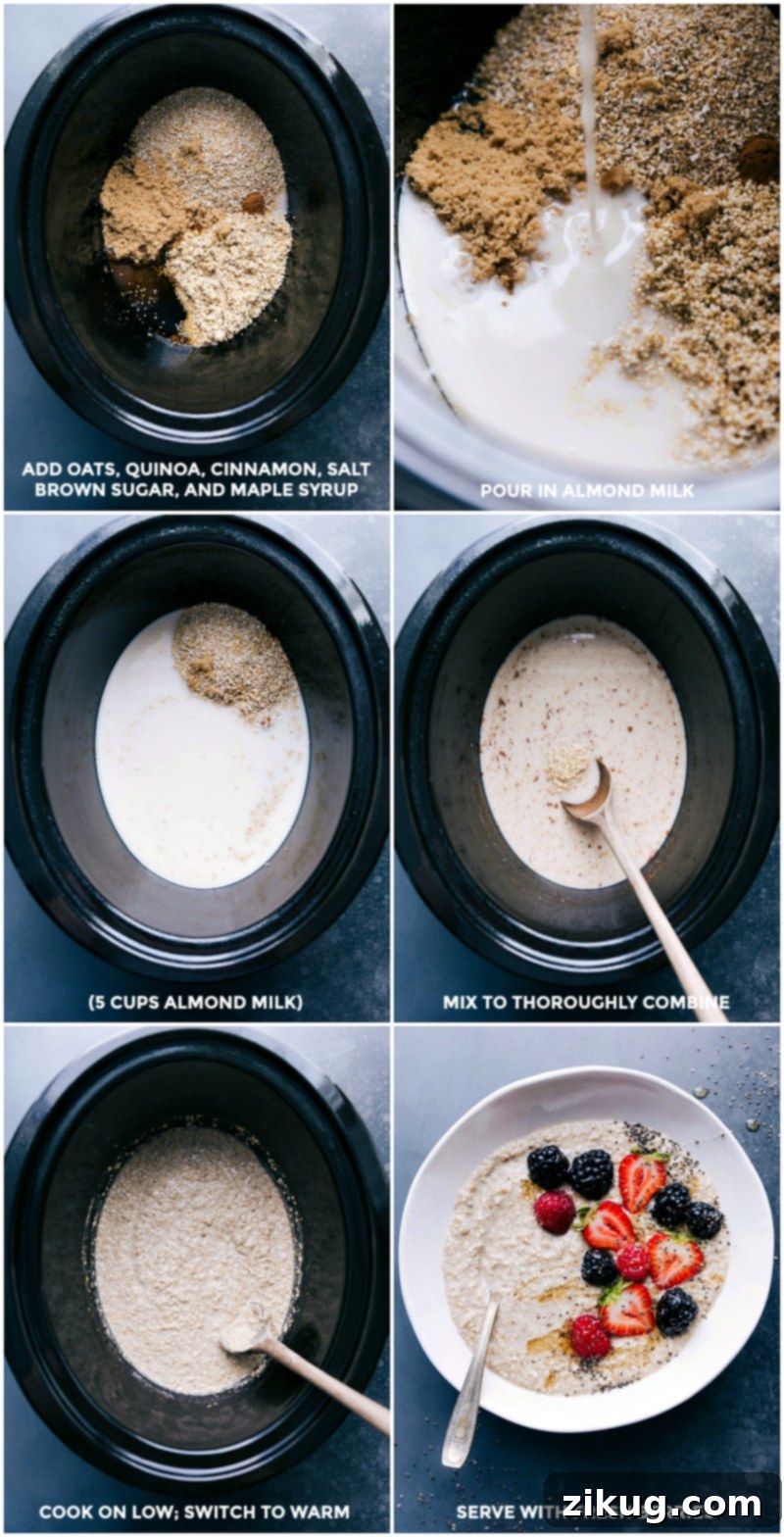 Preparing Overnight Steel-Cut Oatmeal: Ingredients in Slow Cooker, Cooking on Low All ingredients being added to a slow cooker, mixed together, and set to cook on low, ready for an overnight preparation.