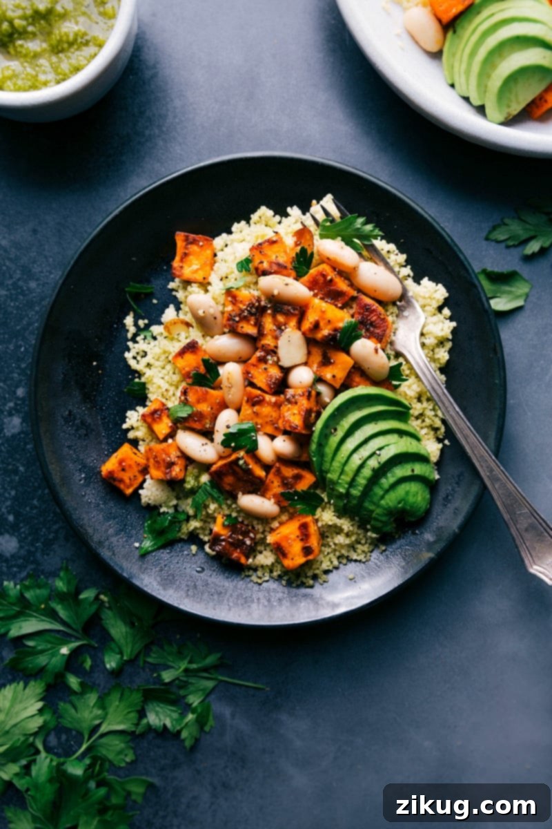 Flavorful Sweet Potato Couscous - Ready on the Plate Sweet potato couscous on a plate, vibrant and nutrient-rich, ready to be enjoyed.