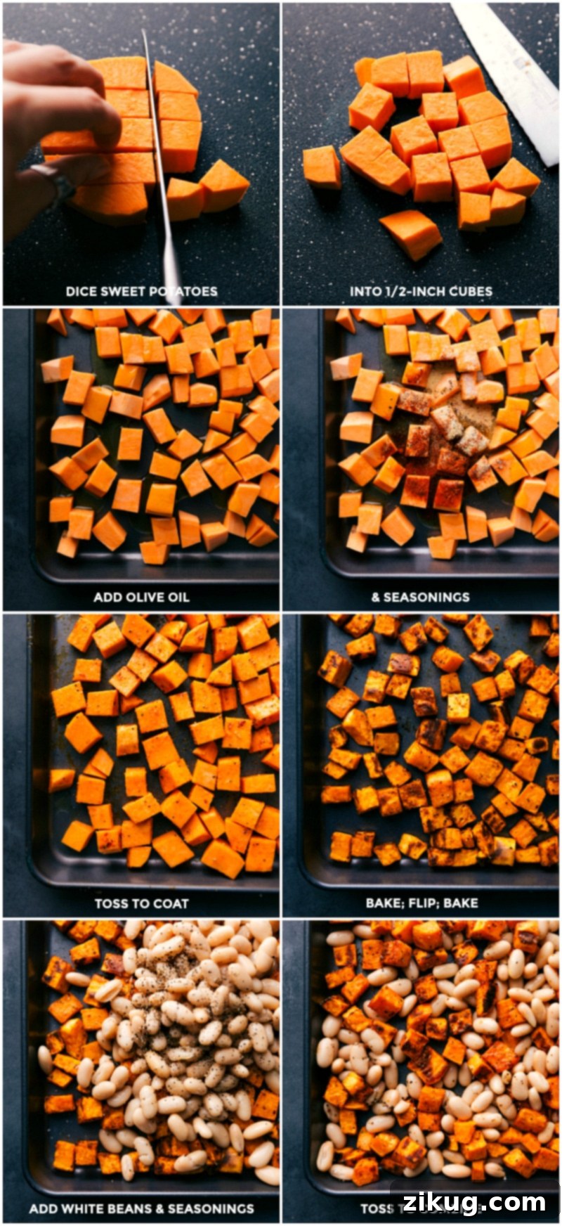 Roasting Sweet Potatoes and Warming White Beans Sweet potatoes being seasoned and roasted, with white beans added atop for warming.