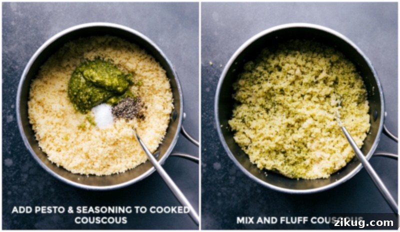 Couscous Transformation - Seasonings and Pesto Addition Adding seasonings and pesto to cooked couscous, enhancing its flavor.