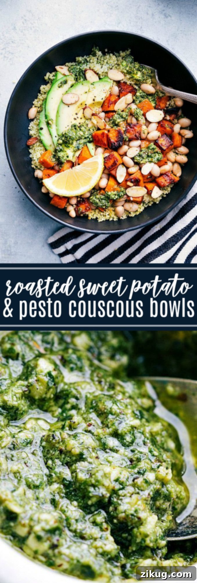 Golden Sweet Potato Couscous 3 The BEST roasted sweet potato couscous bowls with pesto, avocado, honey roasted almonds, and white beans. Healthy vegetarian meal!! via chelseasmessyapron.com
