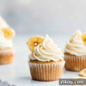 Delicious Banana Cupcakes 3 A beautifully frosted banana cupcake with a banana chip on top.