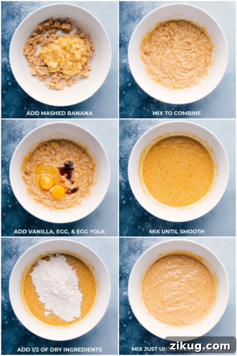 Making Banana Cupcakes Adding mashed banana and other ingredients to the batter.