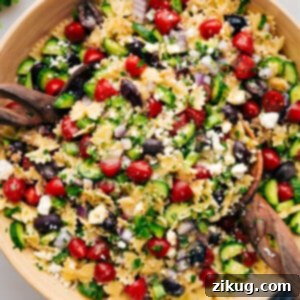 Easy Greek Pasta Salad in a bowl ready to be served.