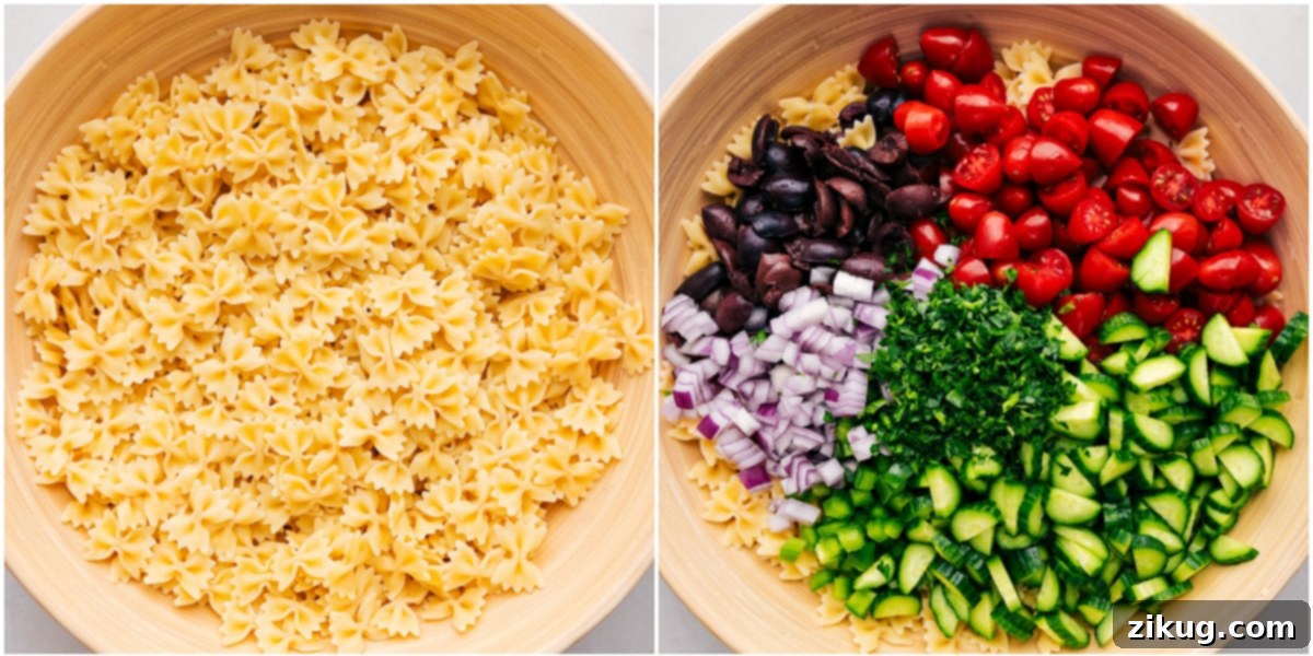 Vibrant Mediterranean Pasta Salad 3 The pasta and veggies being added to a large bowl, ready to be mixed for Greek Pasta Salad.