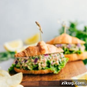 The finished, perfectly mixed creamy and delicious tuna salad recipe, ready to be served and enjoyed as a satisfying meal.