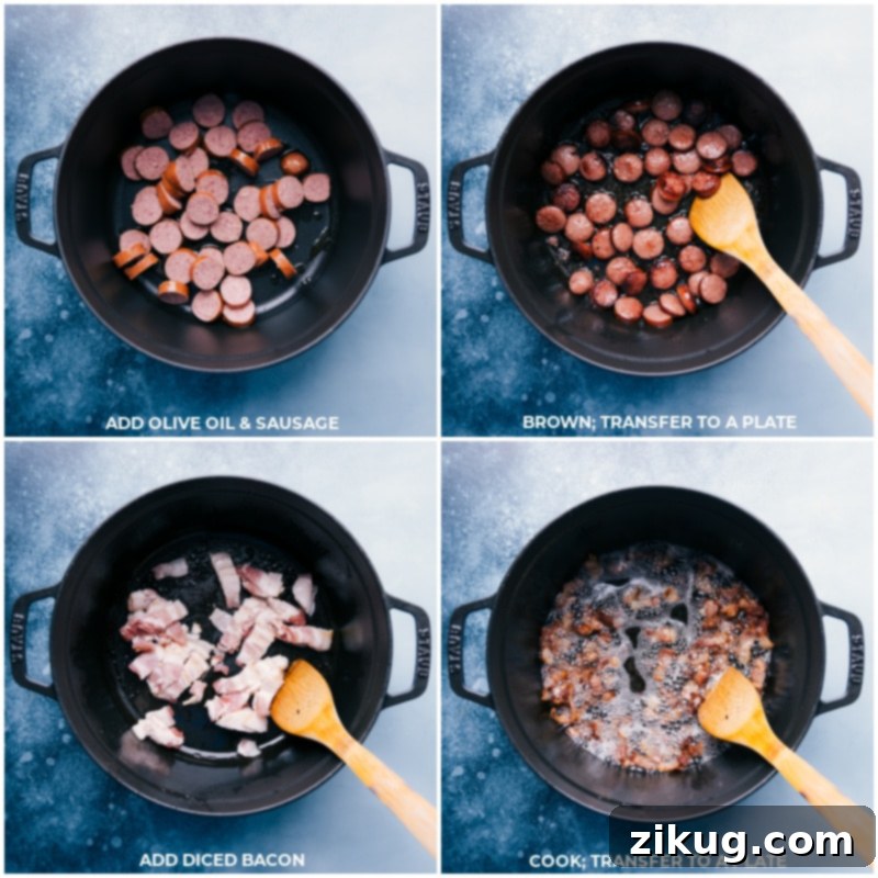 Rustic Cabbage Sausage and Potato Skillet 3 Close-up of browned smoked sausage slices in a pot, ready for the next step of the recipe, showcasing a rich caramelization.