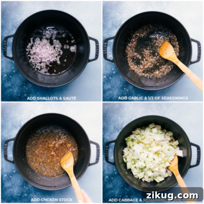 Rustic Cabbage Sausage and Potato Skillet 4 Diced shallots and minced garlic sizzling in a large pot with rendered bacon grease, releasing aromatic flavors, a crucial step for building the dish's foundation.