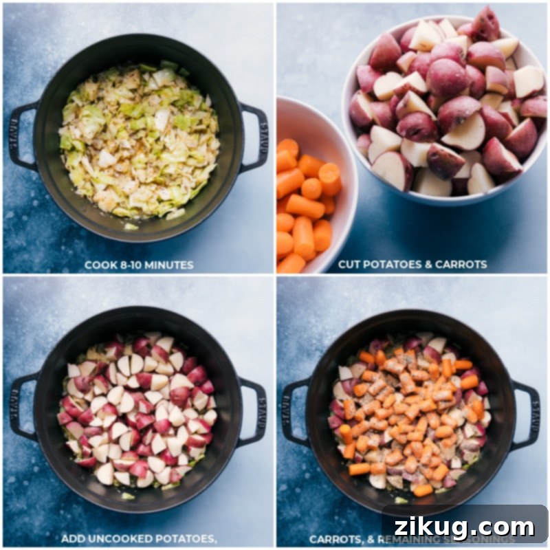 Rustic Cabbage Sausage and Potato Skillet 5 A large pot filled with chopped green cabbage simmering in chicken stock and spices, with the aroma of cooked shallots and garlic.