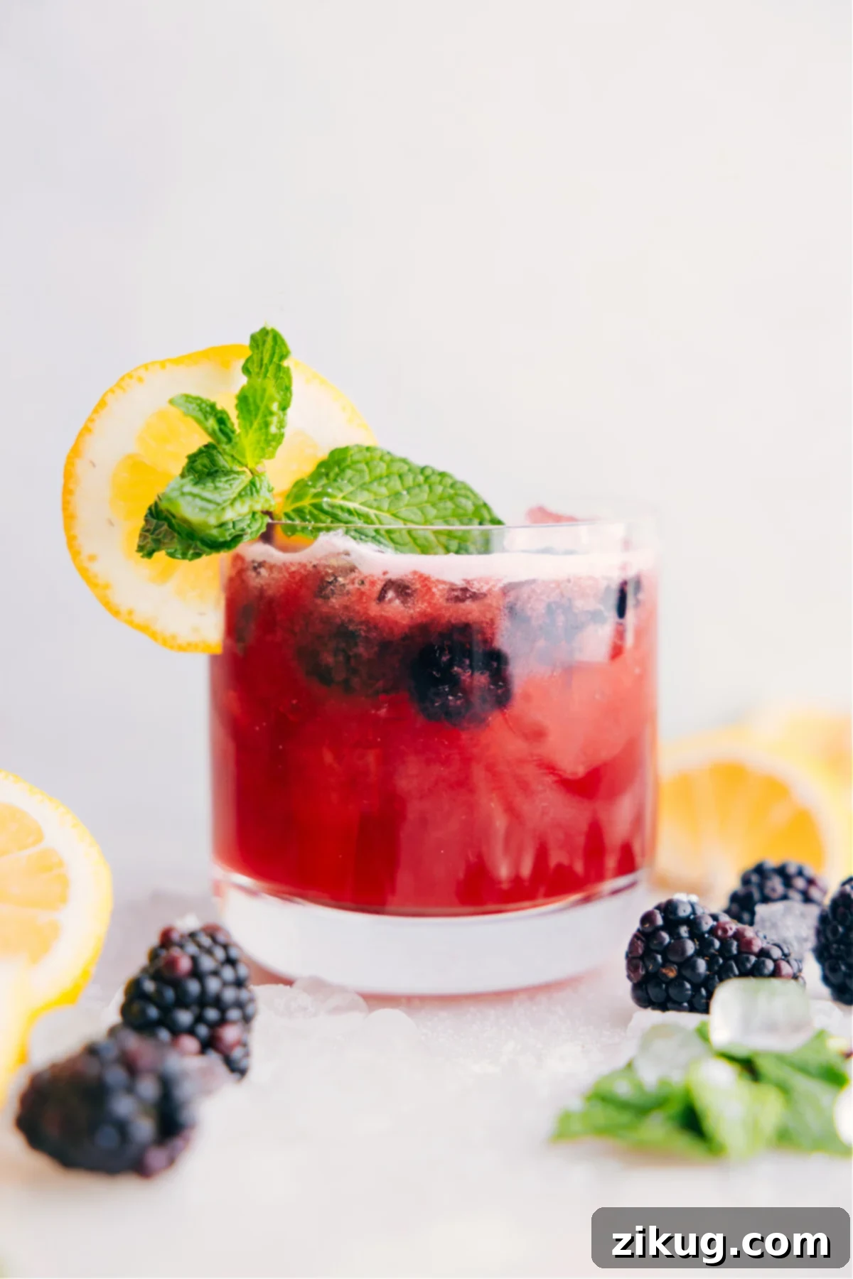 Summer Berry Squeeze 2 A tall glass of homemade blackberry lemonade with ice, garnished with fresh blackberries and a lemon slice.