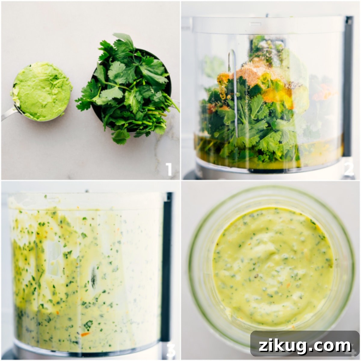 How To Make The Dressing For Mojo Salmon Bowls The vibrant Mojo sauce ingredients being blended to a smooth, creamy consistency in a small food processor for the salmon bowls.