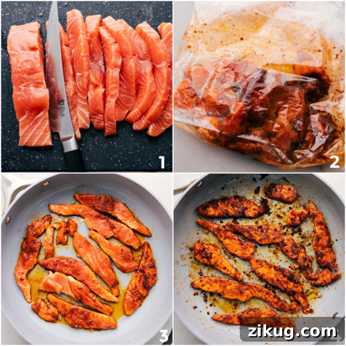 How To Make Mojo Salmon Bowls A step-by-step visual of the salmon preparation, showing raw fillets being sliced, marinated in a bag, and then perfectly seared in a skillet for Mojo Salmon Bowls.