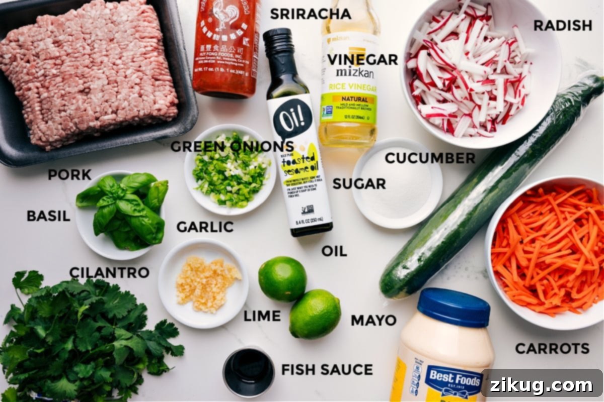 Ingredients In Banh Mi Bowls All the ingredients for this recipe prepped and ready for easy assembly, including pork, sriracha, vinegar, oil, green onions, basil, cilantro, garlic, lime, mayo, fish sauce, carrots, cucumber, sugar, radishes, and vinegar. This clear layout helps home cooks visualize what they need before starting.