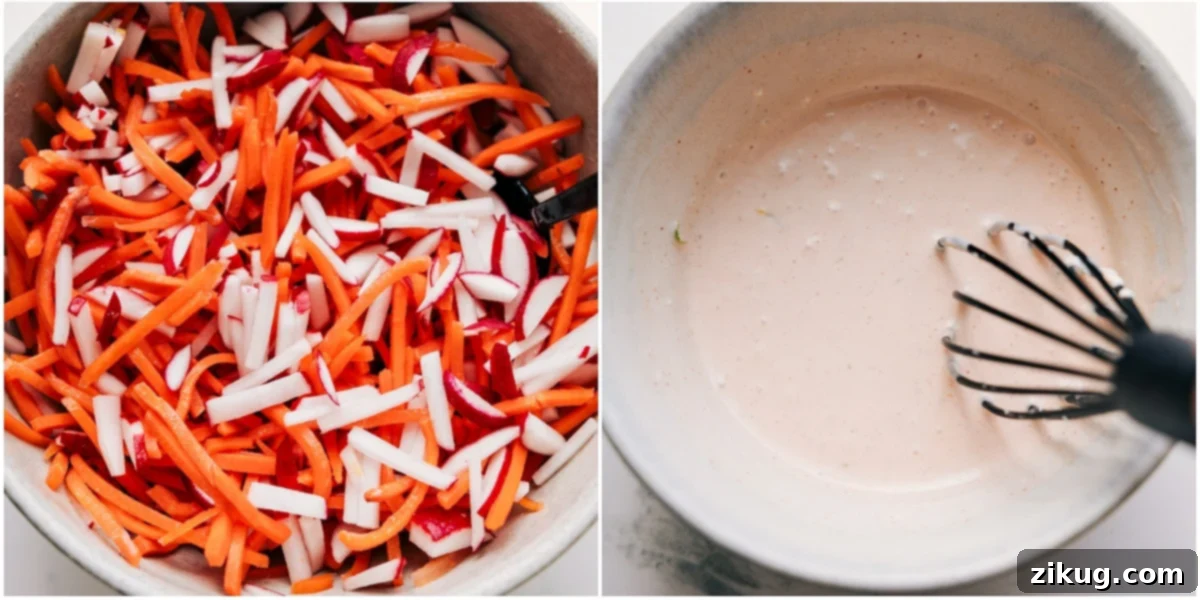 The Best Carrot And Radish Salad And Sauce To Top Banh Mi Bowls The pickled radish and cucumber salad tossed together in a bowl, and the sauce whisked together in another bowl for these Banh Mi Bowls. This image illustrates the vibrant colors and fresh preparation of key components, ready to be assembled into delicious bowls.