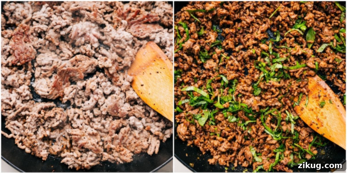 How To Make The Pork For Banh Mi Bowls The savory ground pork browning in a large pan, ready to be combined with aromatics and seasonings for the Banh Mi Bowls. This image captures an important step in preparing the flavorful meat component.