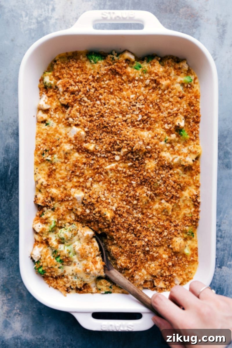 The Best Chicken Poppy Seed Casserole A golden-brown Chicken Poppy Seed Casserole just out of the oven, with a serving spoon scooping out a generous portion, revealing the creamy interior with chicken, rice, and broccoli.