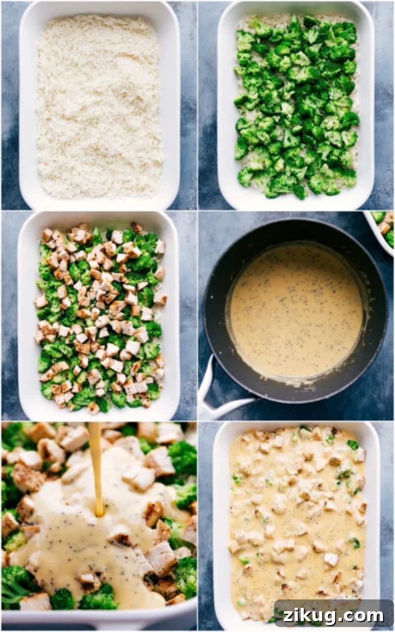 How To Make Chicken Poppy Seed Casserole Various ingredients for the Chicken Poppy Seed Casserole being layered into a baking dish, showing the process step-by-step.