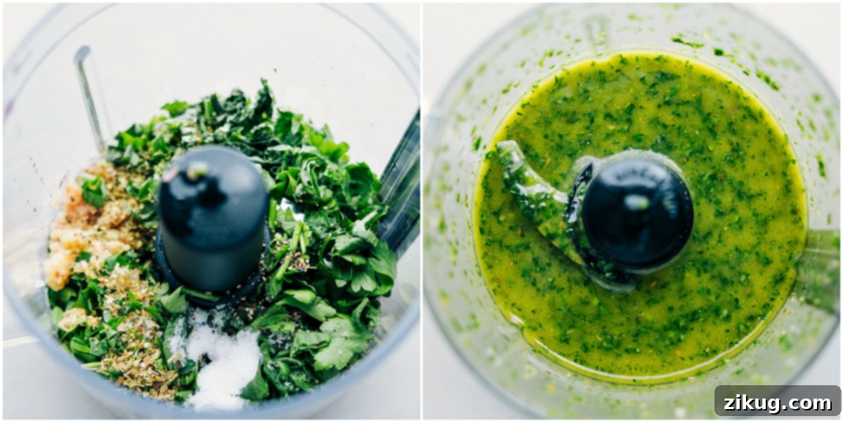 How To Make The Best Italian Salad Dressing Close-up view of the fresh Italian dressing being blended, showcasing vibrant green herbs and olive oil swirling together, preparing for the Italian salad.