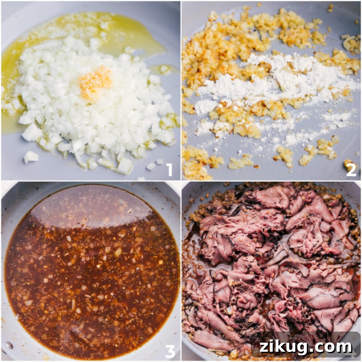 How to Make Delicious French Dip Sandwiches: Step-by-Step Cooking Close-up shot in a large skillet showing finely diced yellow onions and minced garlic being sautéed until golden and tender, followed by slices of deli roast beef being gently stirred into the savory au jus, preparing the core filling for these delectable French Dip Sandwiches.