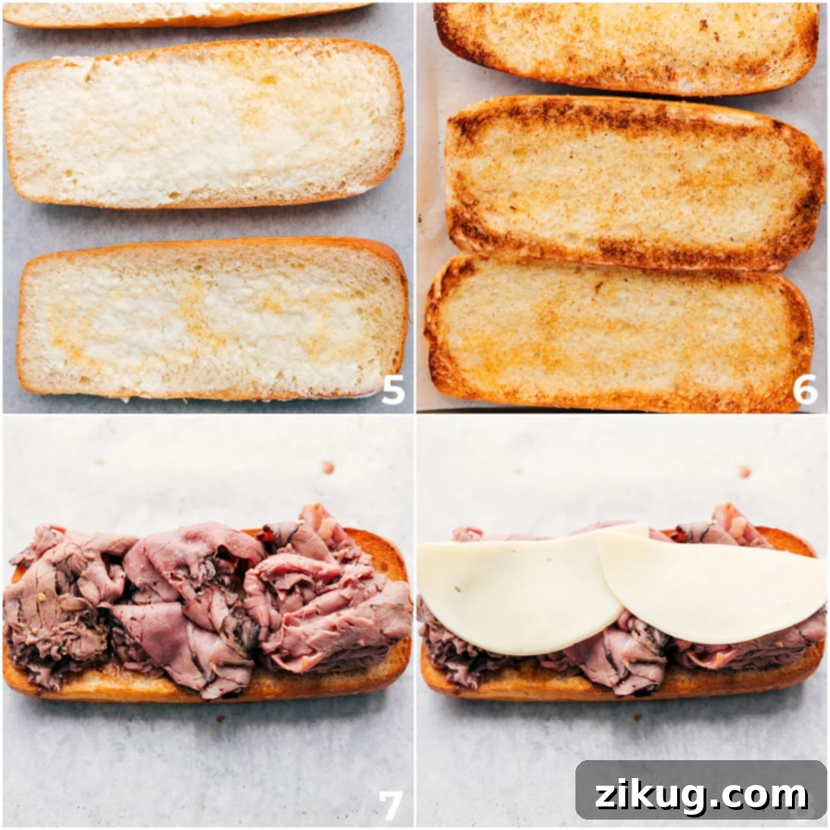 Assembly and Broiling for Perfectly Melted French Dip Sandwiches The detailed assembly process of Easy French Dip Sandwiches, showcasing buttery toasted buns, followed by a generous layering of savory roast beef, and finally topped with perfectly melted Swiss cheese, all ready for the final top bun and presentation with a side of dipping au jus.