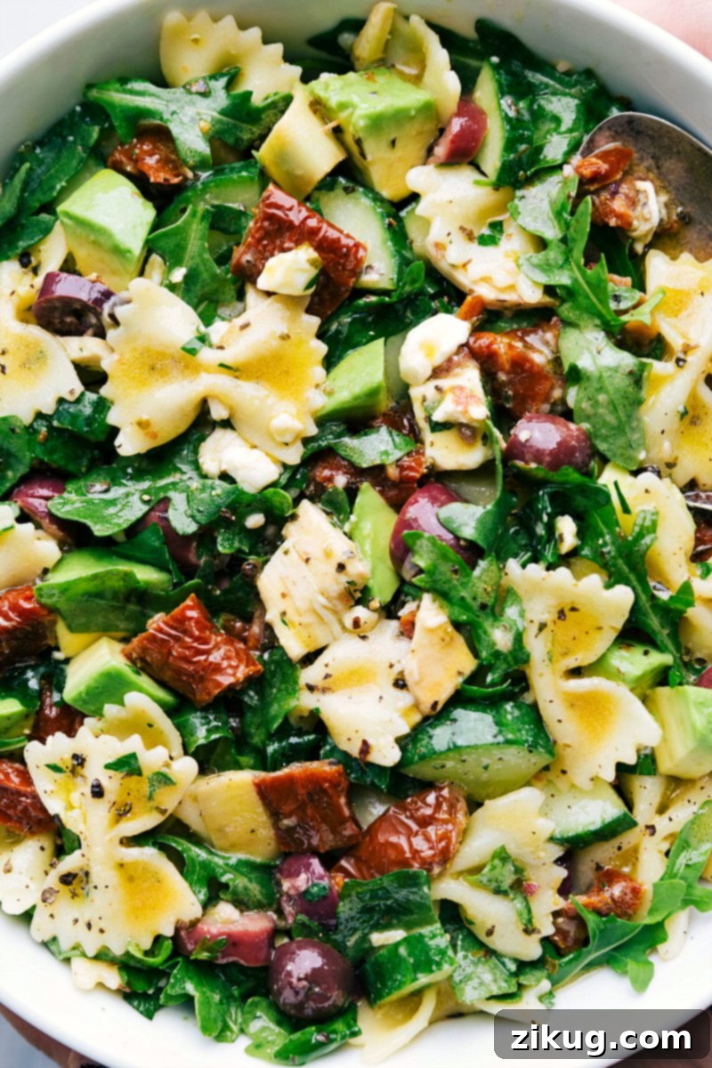 Close-up of the delicious Mediterranean Pasta Salad, ready to be served.