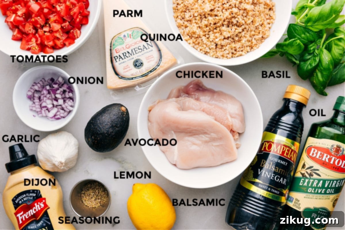 Key Ingredients For Bruschetta Chicken All the vibrant, fresh ingredients are prepped for easy assembly—diced tomatoes, grated Parmesan, cooked quinoa, fresh basil, raw chicken breasts, sliced avocado, minced onion, minced garlic, Dijon mustard, a whole lemon, balsamic vinegar, and various seasonings.