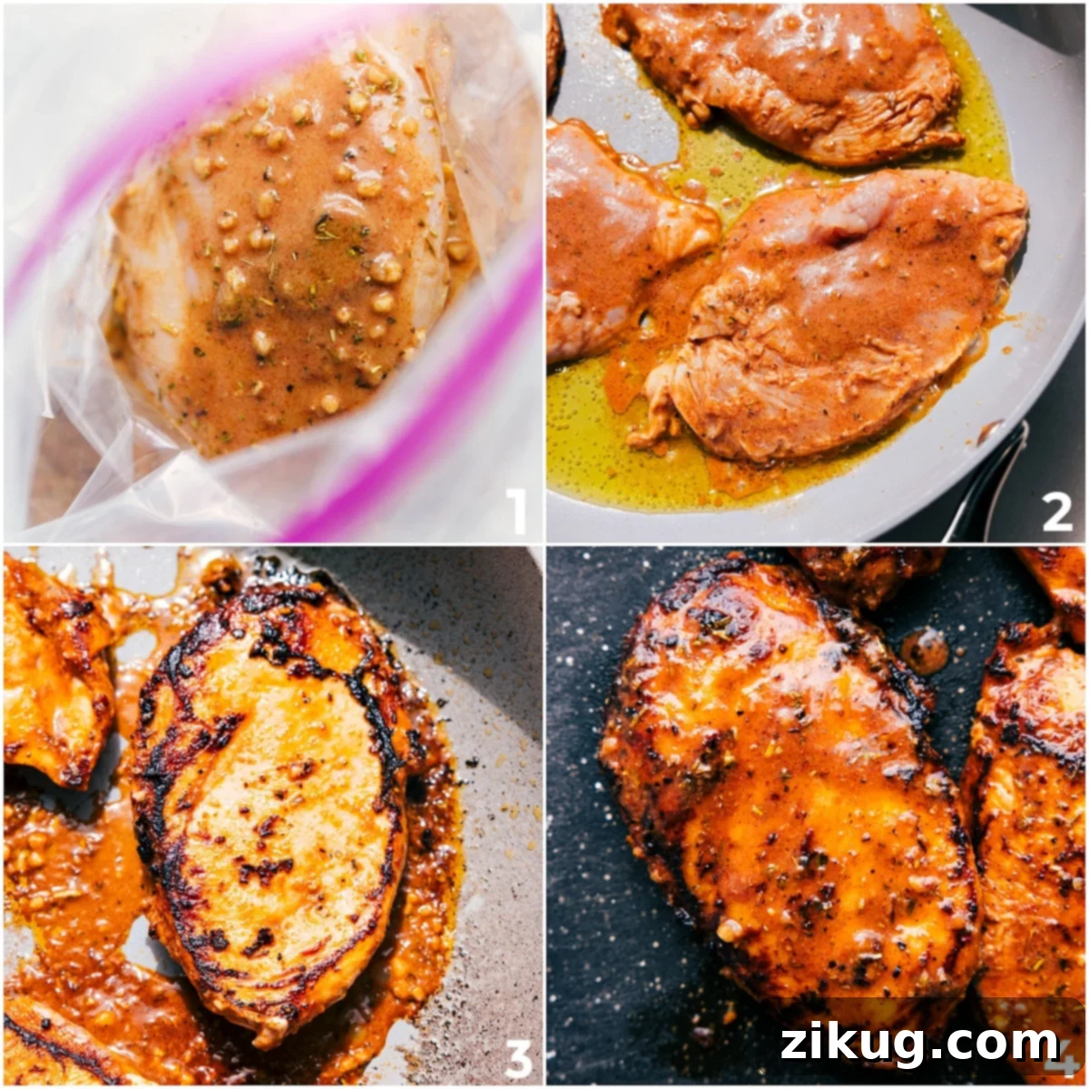 How To Make Bruschetta Chicken Perfectly The bruschetta chicken is marinated, then cooked to perfection in a skillet. The image shows a chicken breast being seared in a hot pan, demonstrating a key step in the cooking process.