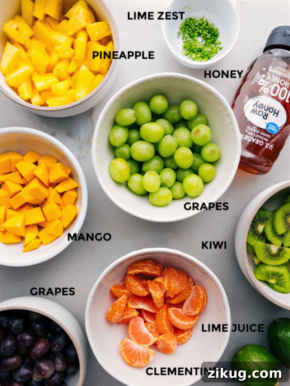 Refreshing Tropical Fruit Salad with Simple Three Ingredient Dressing 3 All the fresh ingredients for Tropical Fruit Salad, neatly prepped and laid out for assembly.