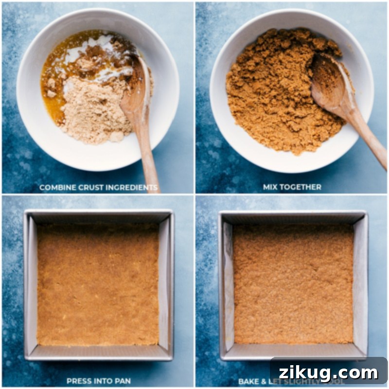 Process images showing graham cracker crumbs being mixed with melted butter and brown sugar, then pressed into a baking pan to form the crust.