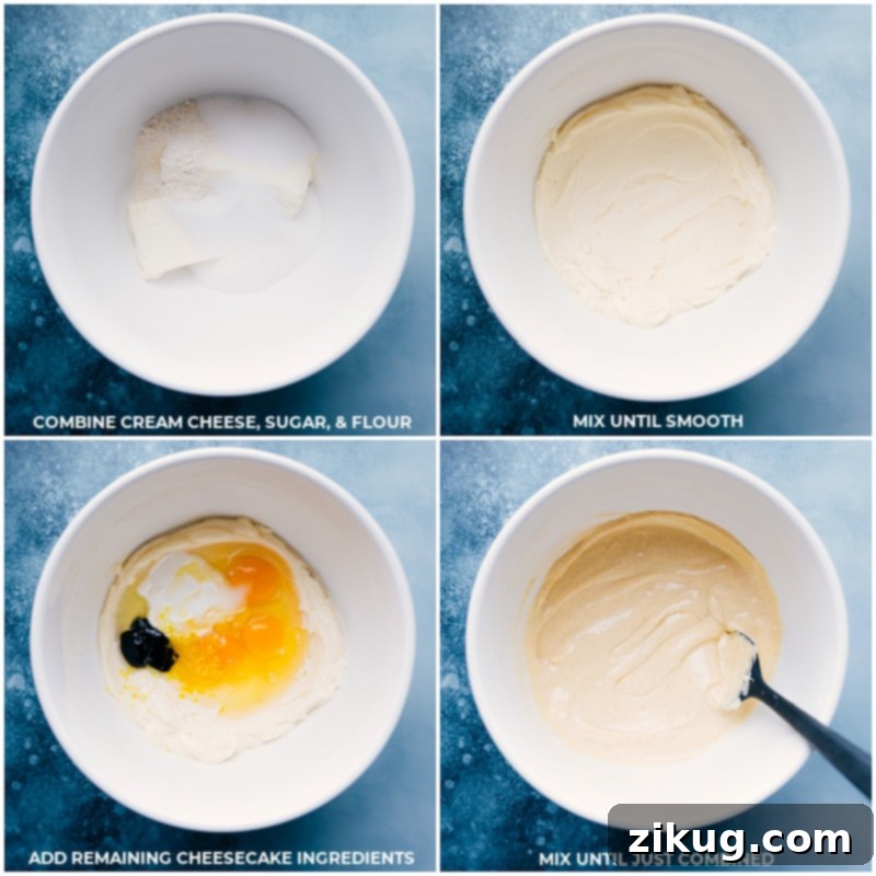 Process images showing cream cheese, sugar, and flour being mixed, followed by the addition of sour cream, eggs, vanilla, lemon, and salt to create a smooth cheesecake filling.