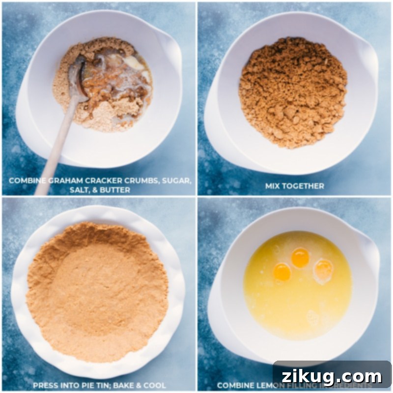 Ingredients for lemon pie filling, including fresh lemons, sweetened condensed milk cans, and separated egg yolks, arranged around a pie crust being pressed into a dish.