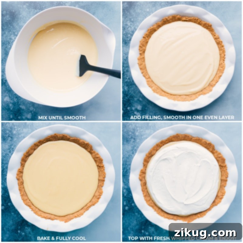 Creamy lemon pie filling being gently poured into a golden, pre-baked graham cracker crust in a pie dish, with a bowl of fluffy whipped cream ready to be added on top.