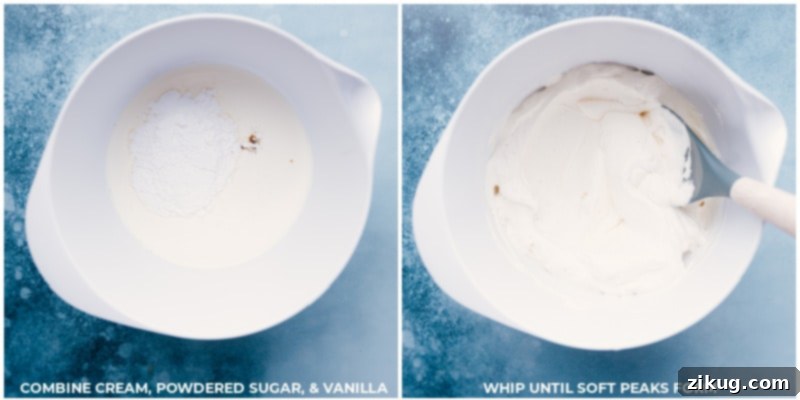 Close-up of fluffy white whipped cream being created in a stand mixer with a whisk attachment, forming soft peaks, ready for topping.