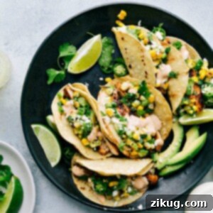 Plated Mexican Street Corn Chicken Tacos