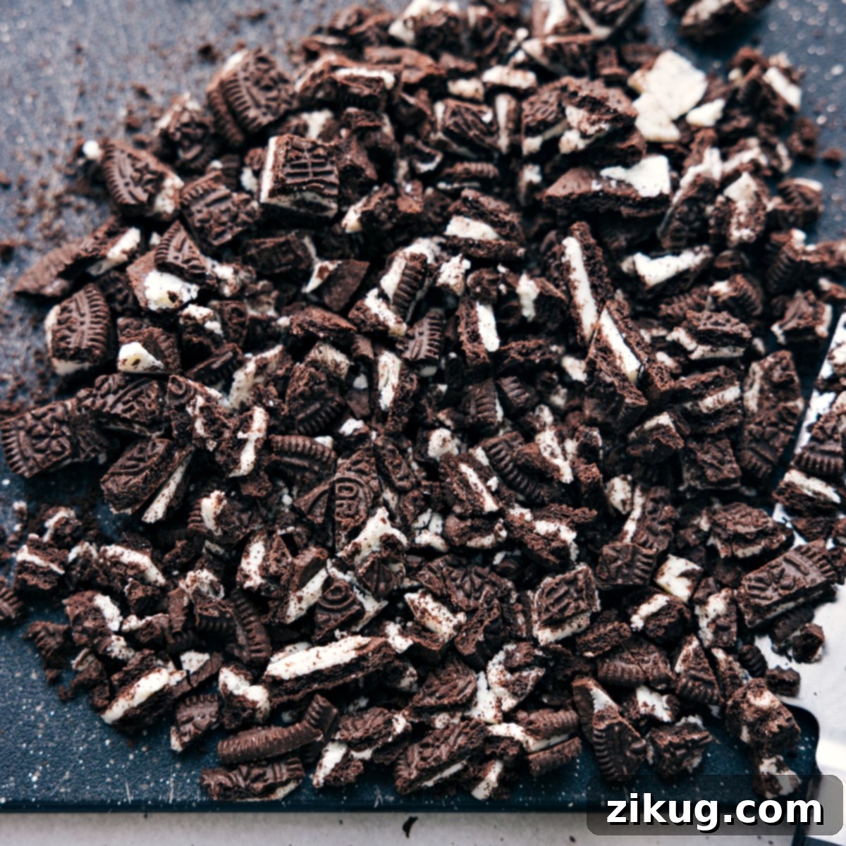 Oreos chopped into various sizes, ready to be incorporated into the Oreo Fluff mix.