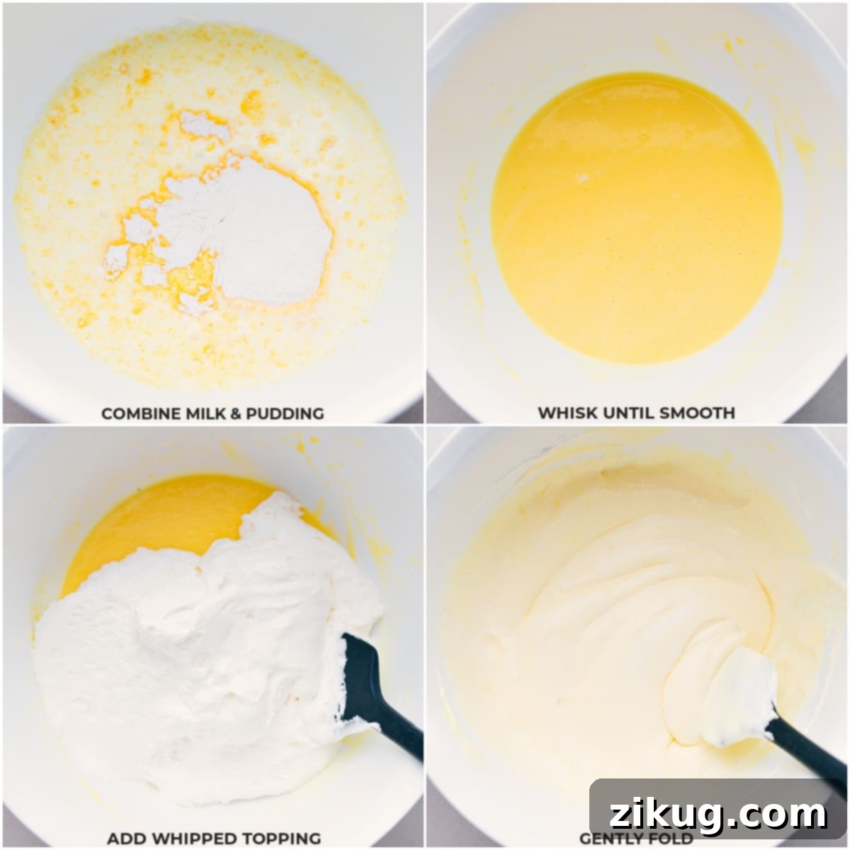 Milk, instant pudding mix, and whipped cream being combined in a large bowl with a hand mixer.