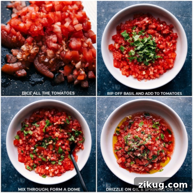 Process shot showing fresh tomatoes, basil, olive oil, and salt being mixed in a bowl for bruschetta.