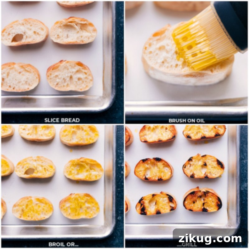 Process shot of rustic bread slices being grilled or broiled to perfection for bruschetta.
