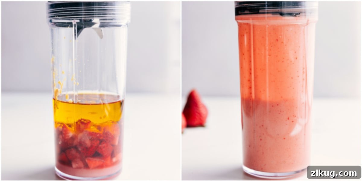 All the fresh ingredients for the Strawberry Vinaigrette, including vibrant sliced strawberries, water, vinegars, and spices, added to a small blender and being processed to create a smooth, emulsified dressing.