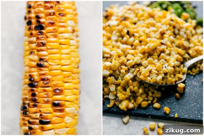 Grilled corn on the cob with the kernels being skillfully removed, preparing them for the creamy corn salad recipe.