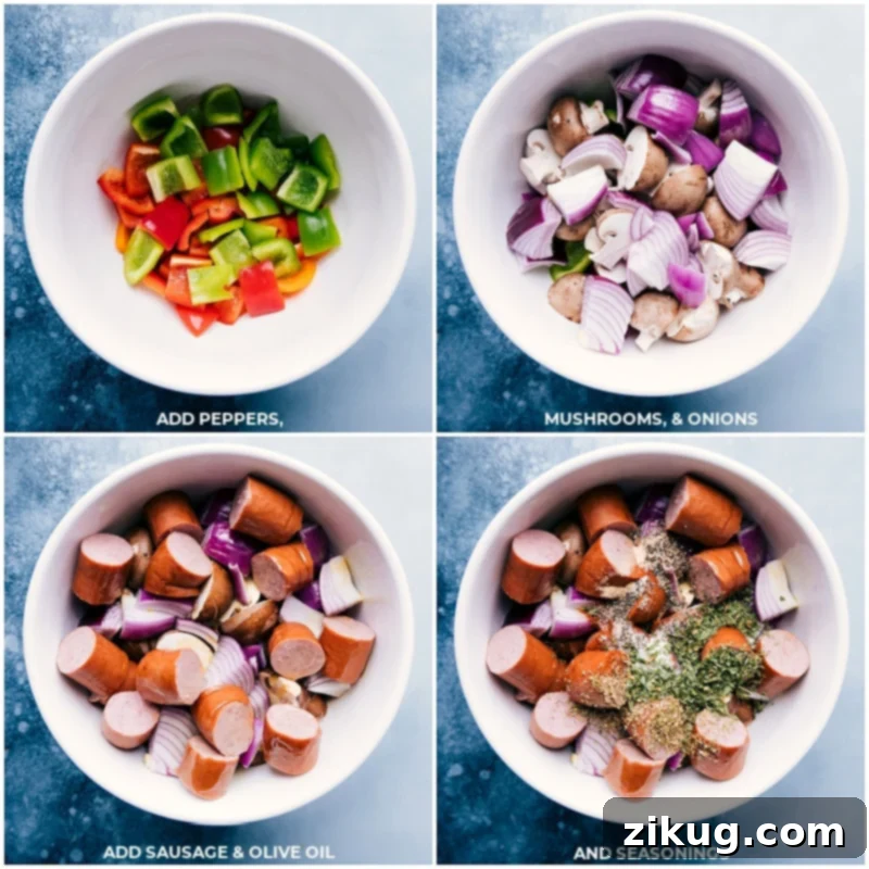 Sausage Kabobs are simple to make! Recipe via ChelseasMessyApron #dinner #quick #easy #healthy #whole #whole30 #keto #veggies #grilled #summer #sausage #kabobs Process shots demonstrating the preparation of sausage kabobs: first, chopped bell peppers, red onion, baby bella mushrooms, and sliced smoked sausage are added to a large mixing bowl, followed by olive oil and the seasoning blend.